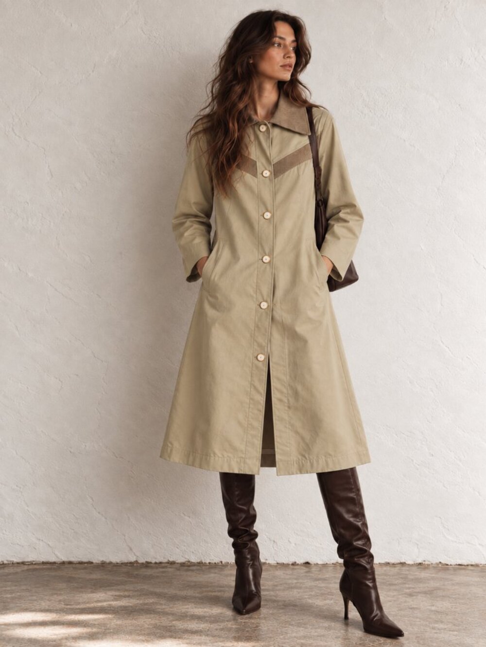 Vintage Corduroy Long Coat | Khaki Cream A-Line 70s Style